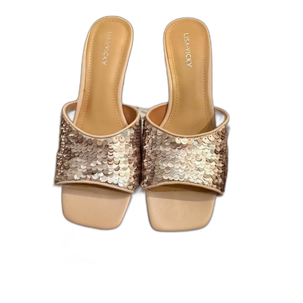 New With Box Lisa Vicky Pretty-V Champagne Sequin Kitten Heel Sandals Size 8